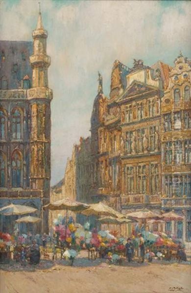 Marche Aux Fleurs A La Grand Place De Bruxelles Oil Painting by Mecislas Rakowski