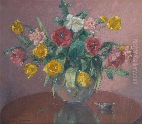 Vase Fleuri De Roses Et De Pivoines Oil Painting by Mecislas Rakowski