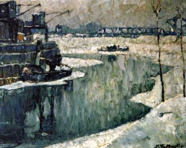 Vue D'un Port En Hiver Oil Painting by Mecislas Rakowski