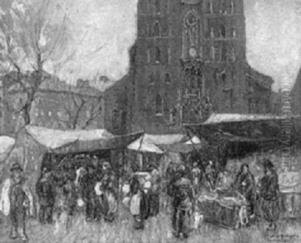 Weihnachtsmarkt In Krakau Oil Painting by Mecislas Rakowski