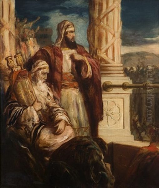 Moses And Aaron On The Background Of The Walls Of Jerusalem Oil Painting by Rezsoe Rakssanyi