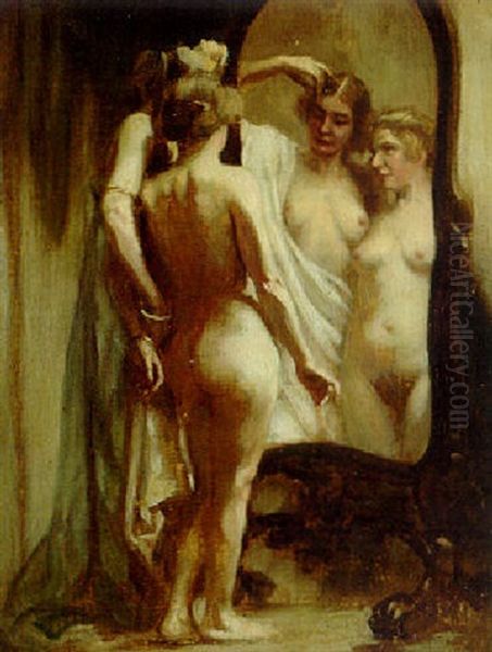 Nudes Before A Mirror Oil Painting by Rezsoe Rakssanyi