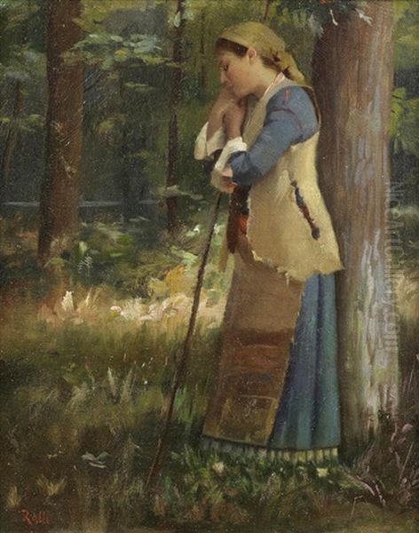 Resting Shepherdess/daydreaming Oil Painting by Theodore Jacques Ralli