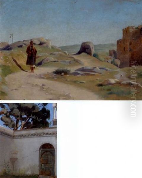 Le Bedouin Solitaire (+ House Courtyard, Oil On Panel, Smaller; 2 Works) Oil Painting by Theodore Jacques Ralli