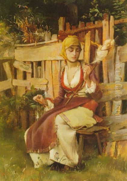 Girl Spinning Wool Oil Painting by Theodore Jacques Ralli