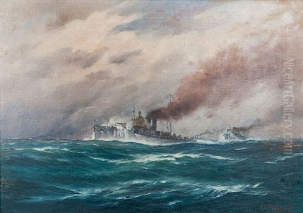 Austrian War Vessels Of World War I Oil Painting by August von Ramberg