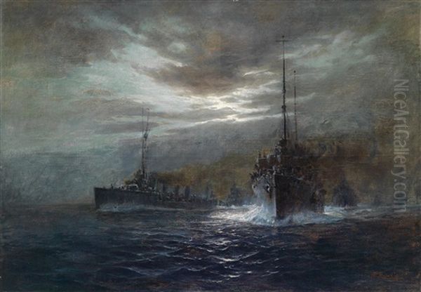 Nachtliches Konvoi, K. U. K. Flotte Im Mondschein (kreuzer Der Admiral Spaun Klasse?) Oil Painting by August von Ramberg