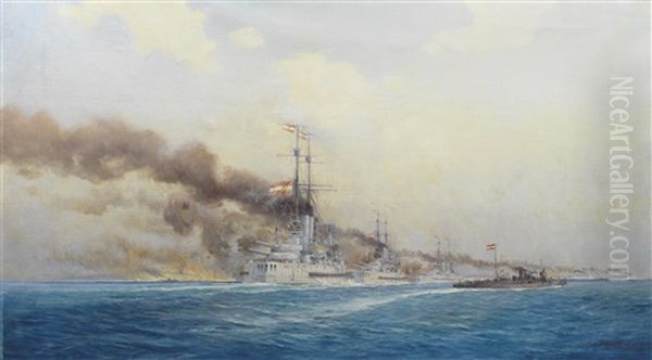 Die Beschiessung Von Ancona Am 25. Mai 1915 Oil Painting by August von Ramberg