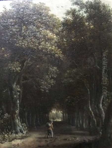 Traveler Entering A Tree Lined Avenue Oil Painting by Salomon Rambouts