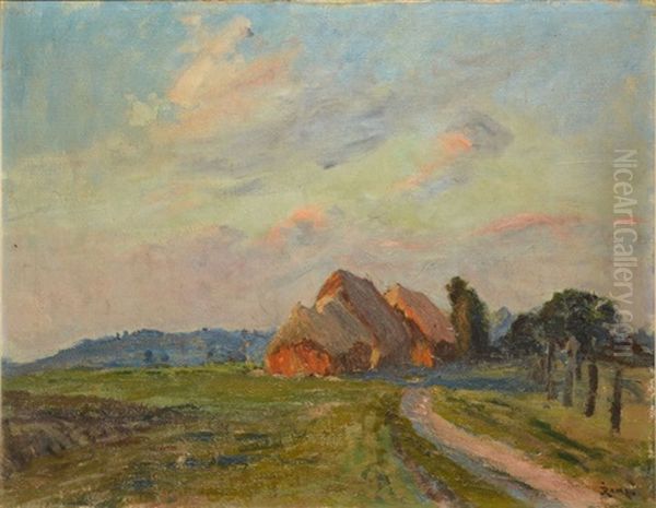 Meules De Paille Au Chemin Tournant Oil Painting by Jules Louis Rame