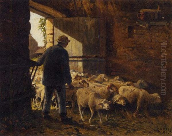 Sheep Herding At Dusk Oil Painting by Jules Louis Rame