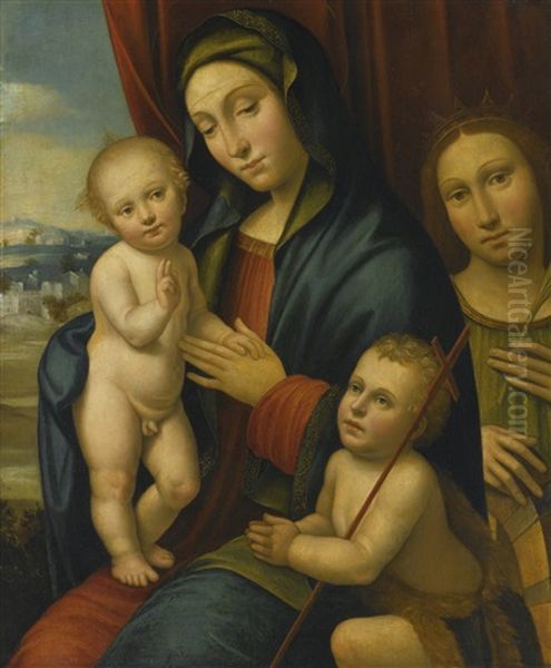 Madonna And Child With The Infant Saint John The Baptist And Saint Catherine Of Siena Oil Painting by Bartolomeo Ramenghi