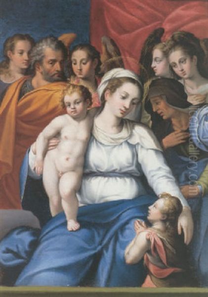 The Holy Family With Infant Saint John The Baptist And Saint Elizabeth, Surrounded By Angels Oil Painting by Giovanni Battista Ramenghi