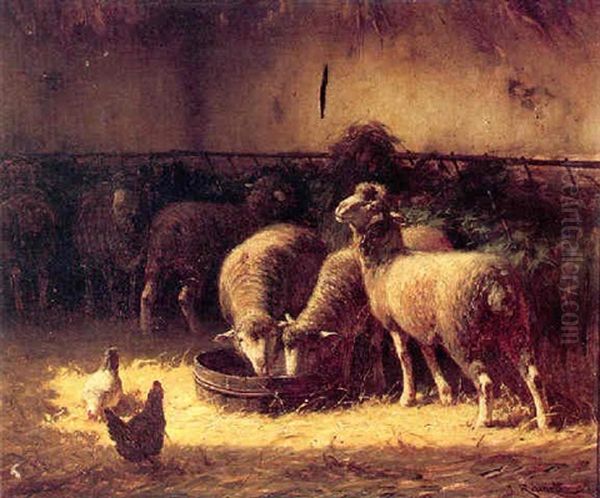 Sheep Watering In A Barn Interior Oil Painting by Jules Ramet