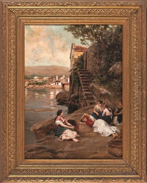 Jovenes A Las Orillas De Un Rio Oil Painting by Manuel Ramirez Ibanez