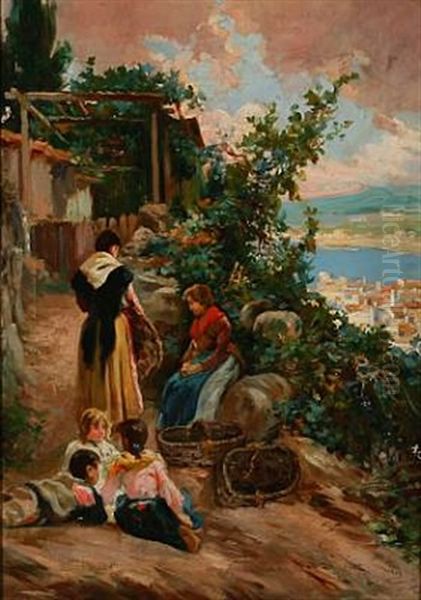 Women And Children On A Mountain Road Oil Painting by Manuel Ramirez Ibanez