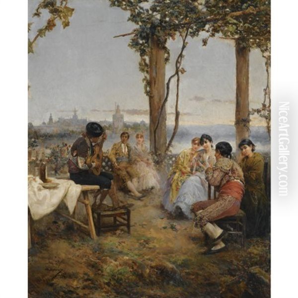 Cante Andaluz Con Sevilla Al Fondo - An Afternoon's Amusements, Seville Oil Painting by Manuel Ramirez Ibanez