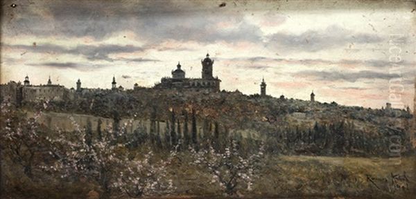 Vista De Un Paisaje Con Ciudad Al Fondo Y Almendros En Flor Oil Painting by Manuel Ramos Artal