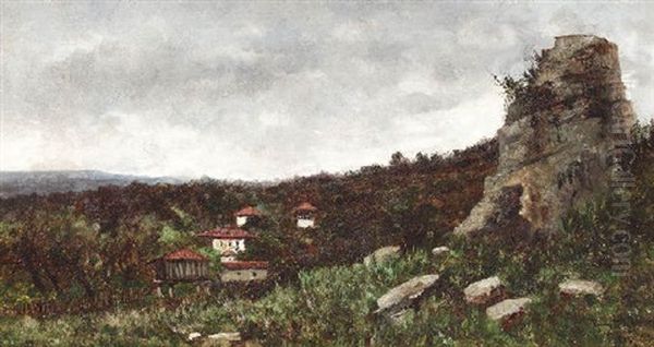 Landschaft In Nordspanien. Bauernhauser In Olivenhainen Am Hang Oil Painting by Manuel Ramos Artal