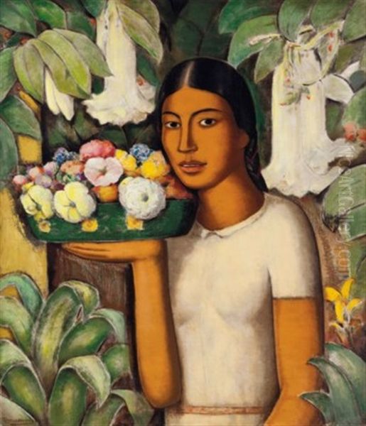 Mujer Con Flores Oil Painting by Alfredo Ramos Martinez