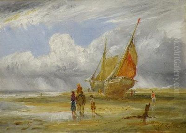 Fisherfolk And Beached Fishing Boats Oil Painting by William Joseph Caesar Julius Bond