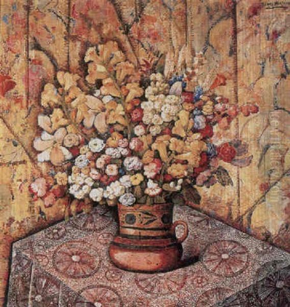 A Mexican Bouquet In A Tan Jug Oil Painting by Alfredo Ramos Martinez