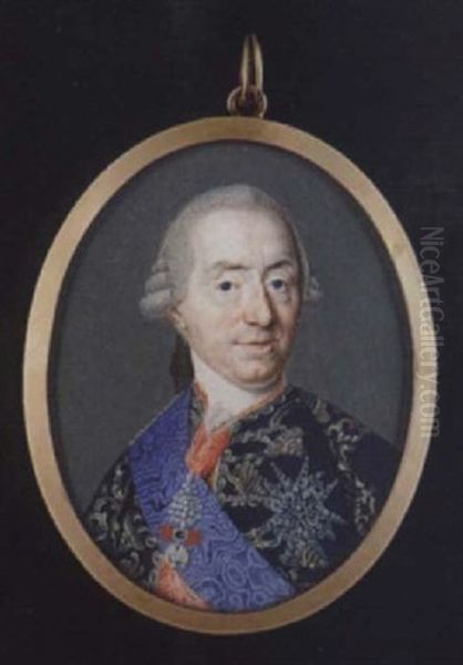 A Portrait Of Paolo Jeronimo Grimaldi Pallavicini, Duke Of Grimaldi, Wearing Gold Figured Blue Coat, Red Waistcoat, White Stock... Oil Painting by Francisco Javier Ramos y Albertos