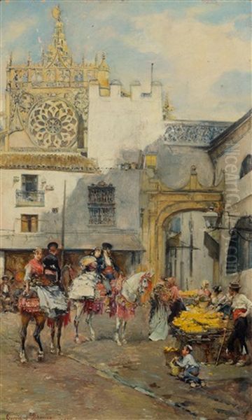 Market Scene With Orange Sellers In Seville Oil Painting by Jose Garcia Ramos