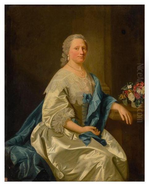 Portrait Of Miss Leighton, Three-quarter Length, Wearing A White Satin Dress And Blue Scarf Oil Painting by Allan Ramsay