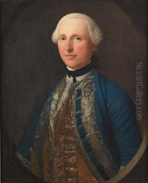 Portrait Of A Gentleman, Half-length, In A Blue Coat And Yellow Waistcoat, Within A Painted Oval Oil Painting by Allan Ramsay