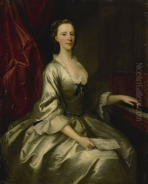 Portrait Of A Lady, Three-quarter Length, Seated At A Harpsichord, Holding A Sheet Of Music by Allan Ramsay