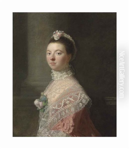 Portrait Of Anne, Lady North (c. 1740-1797), Wife Of Frederick North, 2nd Baron North, Three-quarter-length, In A Pink Dress And Lace Shawl With Roses At Her Decolletage, And A Lace Headdress Oil Painting by Allan Ramsay