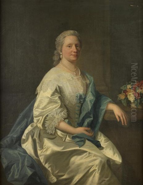 Portrait Of Ann Leighton, Three-quarter-length, In A White Dress And Blue Wrap, Seated Before A Basket Of Flowers Oil Painting by Allan Ramsay