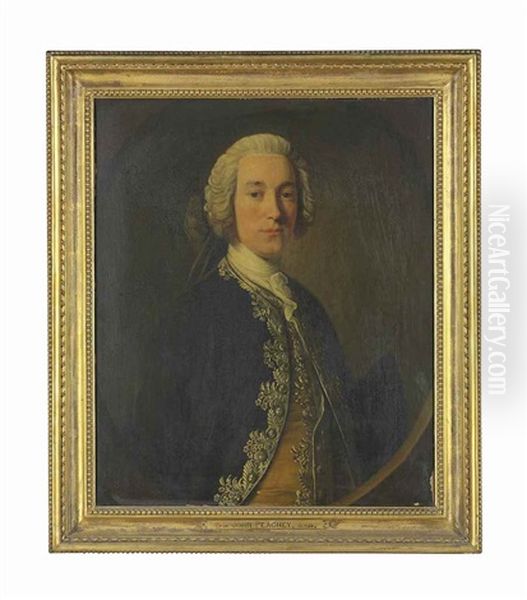 Portrait Of Sir John Peachey (?1720-65), 3rd Bt., Of West Dean, Sussex, Half-length, In A Silver Braided Brown Coat, In A Feigned Oval (collab. With Studio) Oil Painting by Allan Ramsay