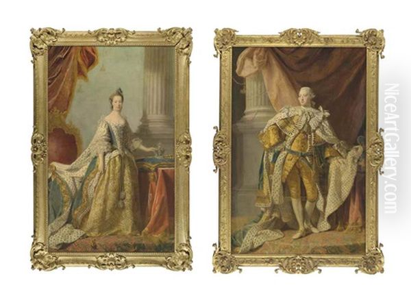 Portrait Of King George Iii (1738-1820), Full-length, In Coronation Robes, His Crown On A Cushion On A Table Beside Him; And Portrait Of Queen Charlotte (1744-1818), Full-length, In Coronation Robes Oil Painting by Allan Ramsay