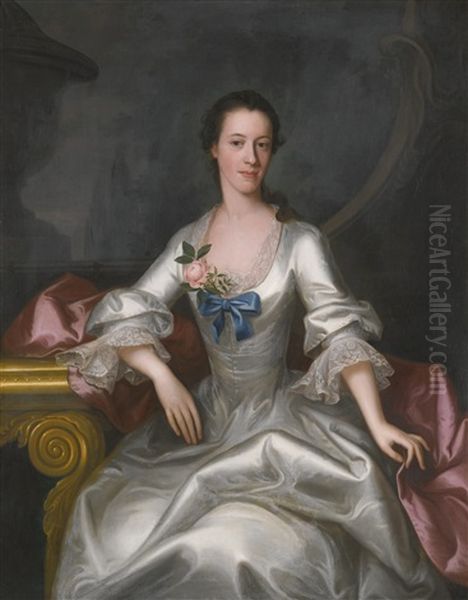 Portrait Of A Woman, Three-quarter Length, Seated In An Interior, Wearing A Silver Dress Oil Painting by Allan Ramsay