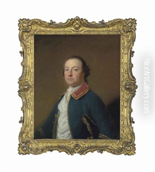 Portrait Of A Gentleman, Half-length, In A Blue Cloak And Cravat, Holding A Tricorn Oil Painting by Allan Ramsay