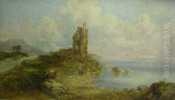 Figures On A Rocky Coast With Ruined Castle Oil Painting by William Joseph Caesar Julius Bond