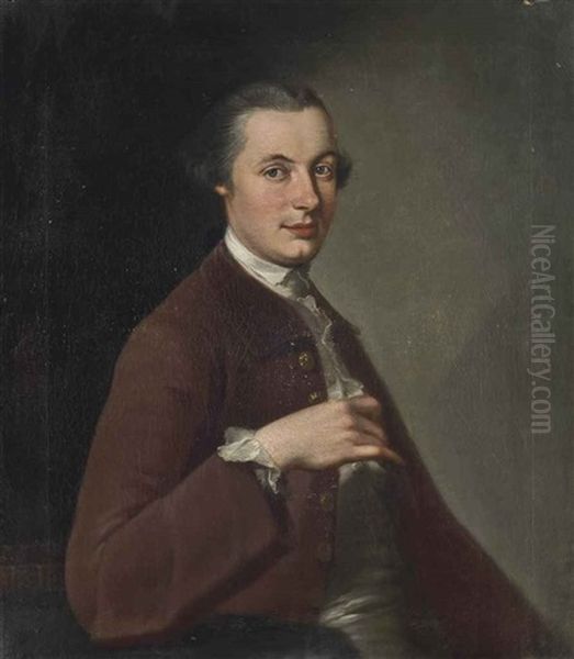 Portrait Of A Gentleman, Half-length, Seated, In A Brown Coat, His Right Elbow Resting On A Table Beside A Book Oil Painting by Allan Ramsay