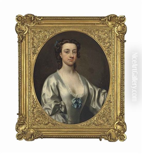 Portrait Of A Lady, Bust-length, In An Oyster Satin Dress, With A Blue Ribbon Oil Painting by Allan Ramsay