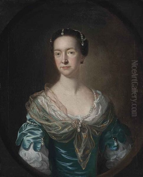 Portrait Of A Lady, Traditionally Identified As Mrs Margaret Fergusson, Half-length, In A Blue Dress With Pearl Ornaments And A Gold-embroidered Wrap... Oil Painting by Allan Ramsay