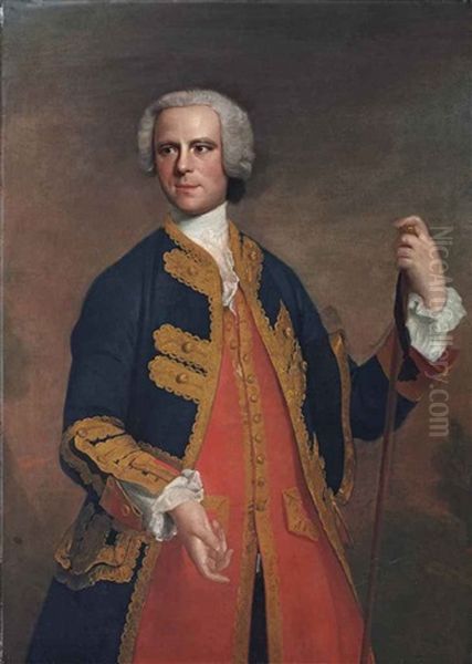 Portrait Of A Gentleman, Three-quarter-length, In A Gold-embroidered Blue Coat And Red Waistcoat, With A Walking Stick Oil Painting by Allan Ramsay