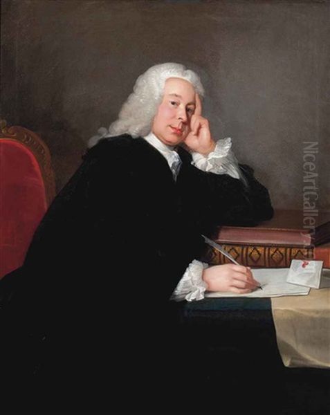 Portrait Of Nicholas Hardinge, M.p. (1699-1758), Three-quarter-length, In A Black Mantle, At His Desk, A Quill In His Right Hand Oil Painting by Allan Ramsay