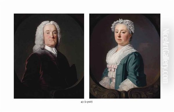 Portrait Of Edward Medley, Of Conyborough, Half-length, In A Mauve Coat And White Neckcloth, In A Sculpted Oval And Portrait Of Sarah Medley, Nee Ward Oil Painting by Allan Ramsay