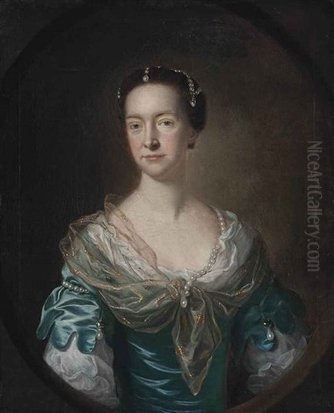 Portrait Of A Lady, Traditionally Identified As Mrs Margaret Fergusson, Half-length, In A Blue Dress With Pearl Ornaments And A Gold-embroidered ... Oil Painting by Allan Ramsay