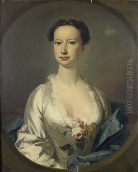 Portrait Of A Lady, Said To Be Lettice Berridge, Half-length, In A White Satin Dress, Embellished With A Rose Corsage Oil Painting by Allan Ramsay