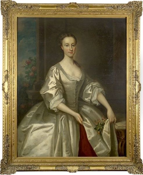 Portrait De Lady Catherine Compton (1713 - 1784), Comtesse D'egmont, De Trois-quarts, Portant Une Robe De Soie Argentee Et Tenant Dans Sa Main Un Bouquet De Roses by Allan Ramsay