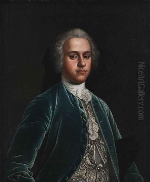 Portrait Of A Young Gentleman, Half-length, In A Blue Coat And Embroidered Waistcoat, A Hat Under His Left Arm Oil Painting by Allan Ramsay