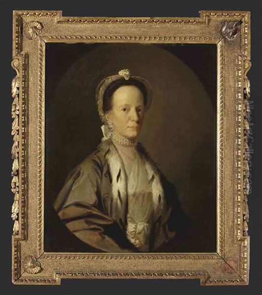 Portrait Of A Lady, In A Fur-lined Grey Robe And A White Blouse, A White Headdress And A Pearl Necklace And Earings, In A Painted Oval Oil Painting by Allan Ramsay