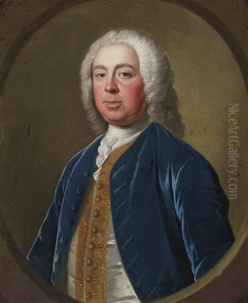 Portrait Of Penistone Powney, M.p., Of Ives Place, Middlesex, In A Blue Velvet Coat, With A Gold-embroidered Waistcoat And A White Stock, In A Sculpted Cartouche Oil Painting by Allan Ramsay